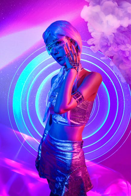 Futuristic cyberpunk woman with robotic arm surrounded by neon lights and smoke.
